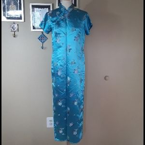 Chinese agua blue dress with embroidered flowers